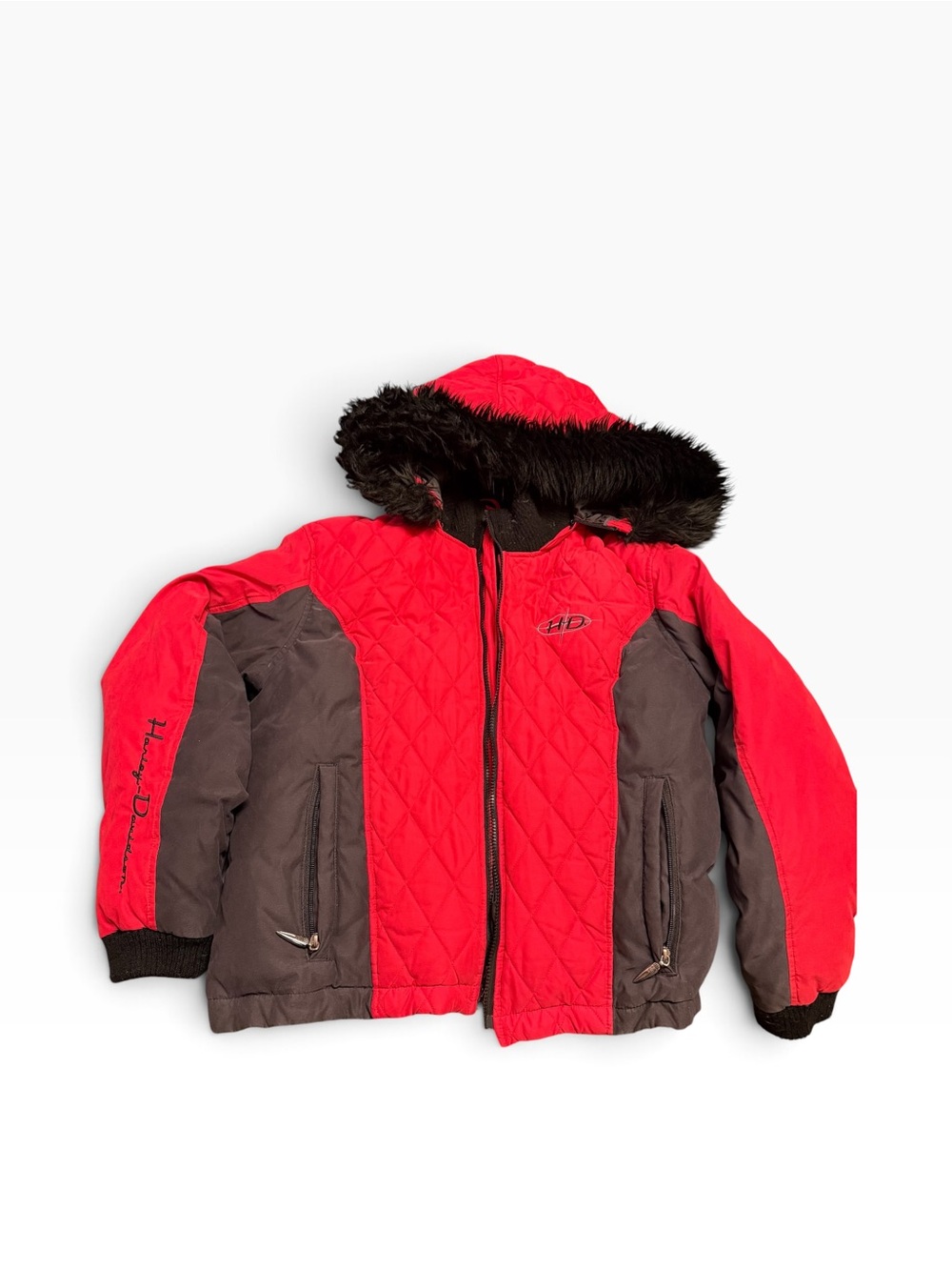Harley-Davidson Red and Gray Quilted Kids Hooded Puffer with Faux Fur Trim